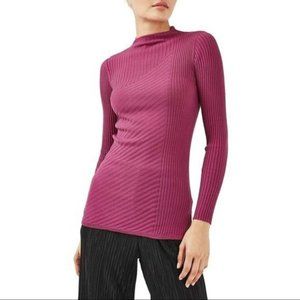 Topshop Pink Long Sleeve Mixed Ribbed Knit Funnel Neck Pullover Sweater